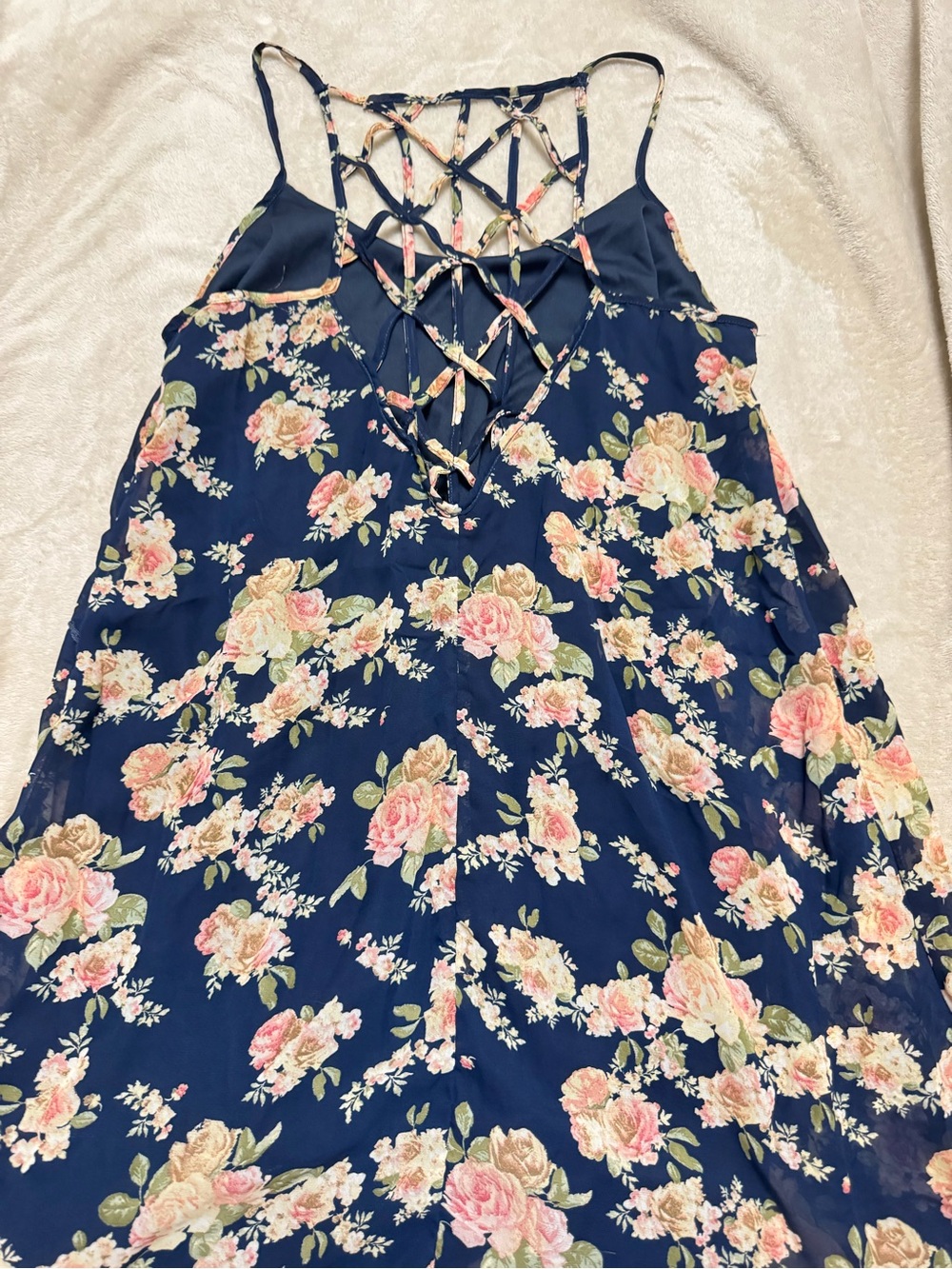 Rue21 Navy Floral Lace-Up Back Midi Dress with Pink Roses and Green Leaves